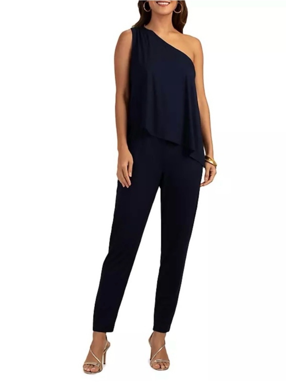 Trina Turk One Shoulder Navy Blue Jumpsuit Size S Dressy Cocktail Slim Leg